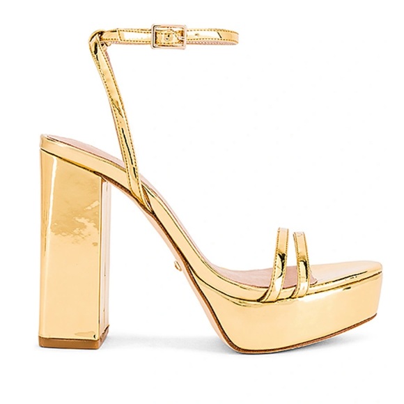 RAYE X REVOLVE “ THE DANCE HEEL” GOLD PLATFORM STRAPPY BLOCK HEELS SIZE 7 - Picture 1 of 9